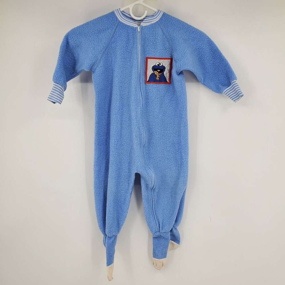 Vintage Sesame Street Blue Fleece‎ Cookie Monster Footie Zip On PJ Pajamas 3T